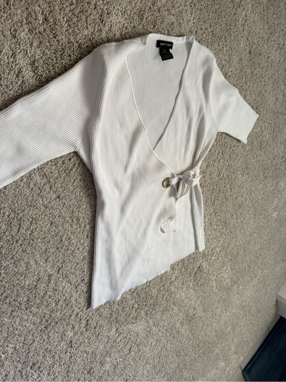 XL White Wrap Ribbed Knit Top with Side Tie